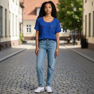 Cynthia Rowley Women's Blue and Black Geometric Shirt With Zipper Chest Pocket L